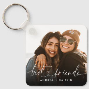 Modern Elegant Heart Script Bestfriends BFF Photo Key Ring