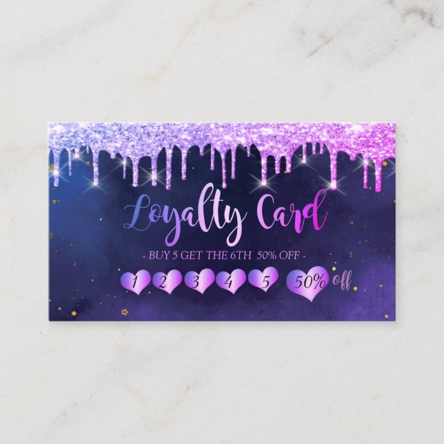 Modern Elegant Hearts,Blue, Glitter Drips  Loyalty Card (Front)