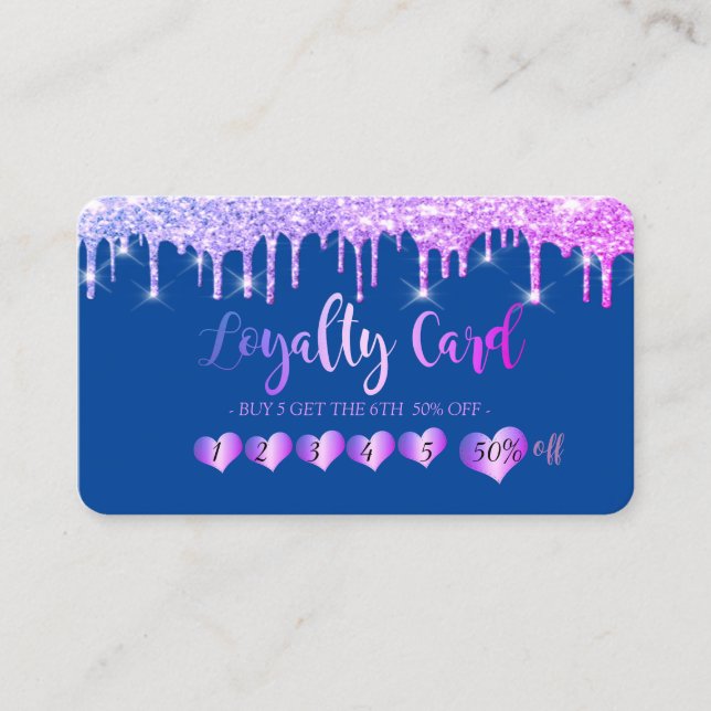 Modern Elegant Hearts, Blue, Glitter Drips Loyalty Card (Front)