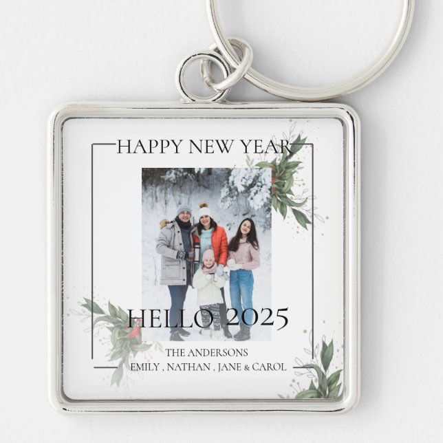 Modern Elegant Hello 2024 Photo Happy New Year Key Ring (Front)