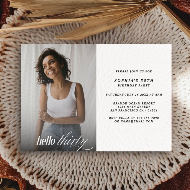 Modern Elegant Hello Thirty Birthday Photo   Invitation (Creator Uploaded)