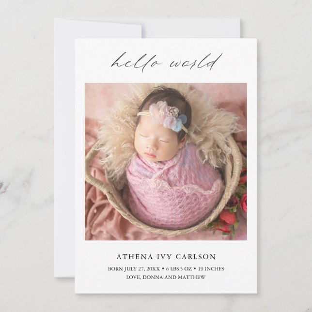 Modern Elegant Hello World Photo Simple Birth Announcement (Front)