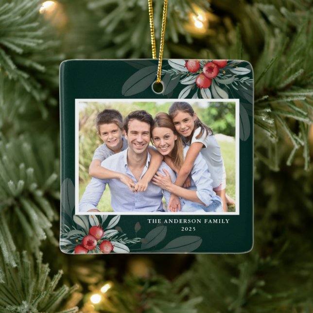 Modern Elegant Holiday Greenery 2 Photo Christmas Ceramic Ornament (Tree)