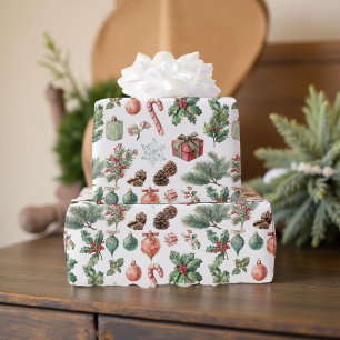 Modern Elegant Holiday Vintage Patterns Pine Berry Wrapping Paper