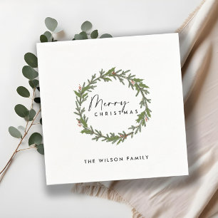 MODERN ELEGANT HOLLY BERRY WREATH CHRISTMAS NAPKIN