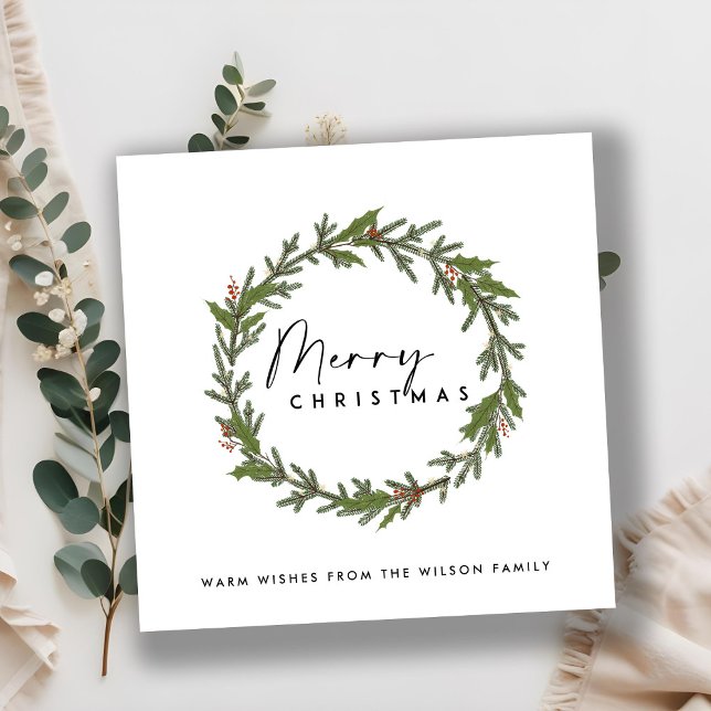 MODERN ELEGANT HOLLY BERRY WREATH MERRY CHRISTMAS HOLIDAY CARD (Creator Uploaded)