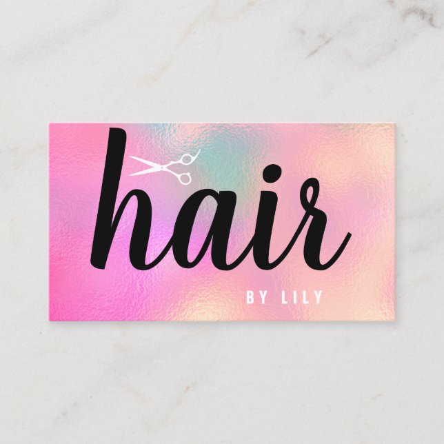 Modern elegant holographic hairstylist scissors business card (Front)