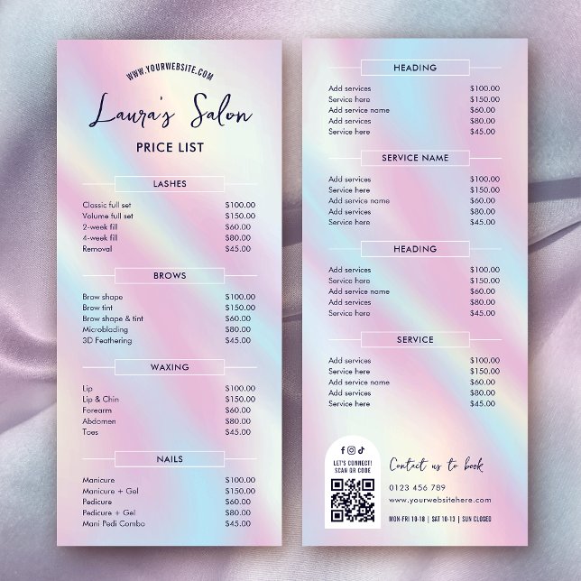 Modern Elegant Holographic Salon Menu Price List (Trendy holographic effect business services menu with fully editable text and scannable QR code)