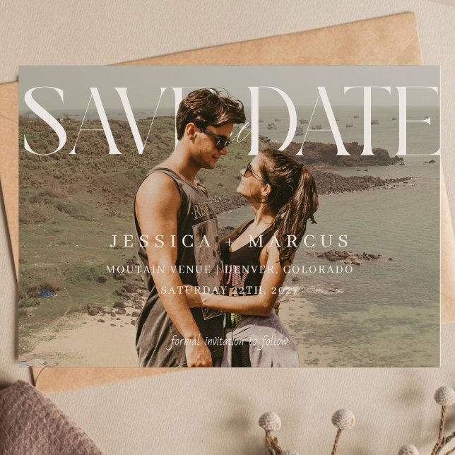 Modern Elegant Horizontal Script Wedding Photo Save The Date (Creator Uploaded)