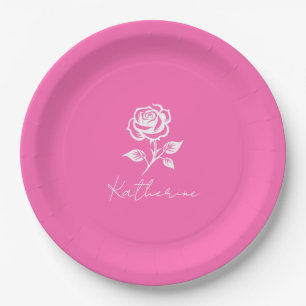 Modern Elegant Hot Pink And Rose Custom Name Paper Plate