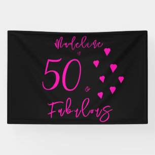 Modern Elegant Hot Pink Hearts Black 50th Birthday Banner