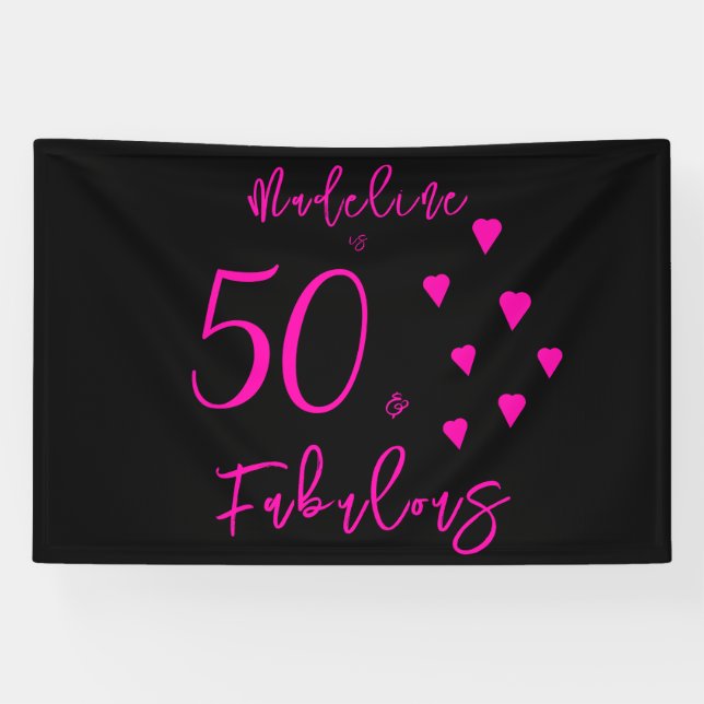 Modern Elegant Hot Pink Hearts Black 50th Birthday Banner (Horizontal)