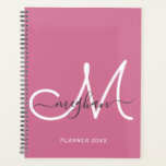 Modern Elegant Hot Pink White Script Monogram 2022<br><div class="desc">Modern, trendy girly hot pink and white script custom personalised name and monogrammed planner. This simple elegant design features a first name template in cursive hand lettering font with swashes in grey and a huge hand-written monogram initial script in white colour on hot pink, or deep pink background. This feminine,...</div>
