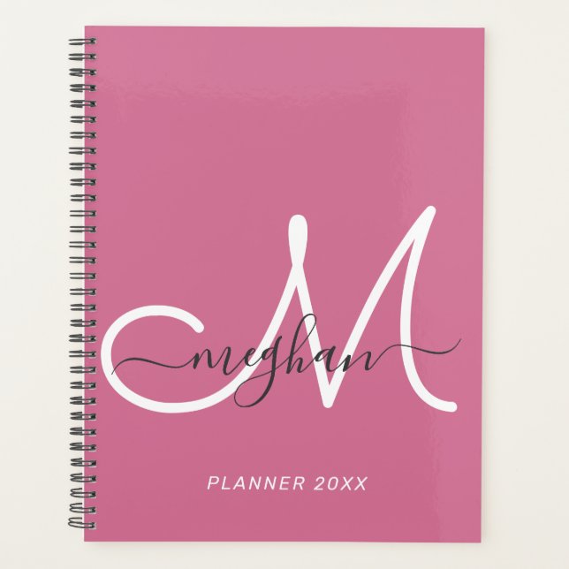Modern Elegant Hot Pink White Script Monogram 2022 Planner (Front)