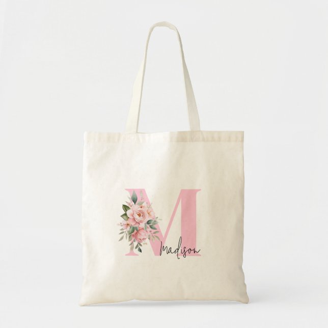 Modern Elegant Initial Name Pink Floral Monogram Tote Bag (Front)