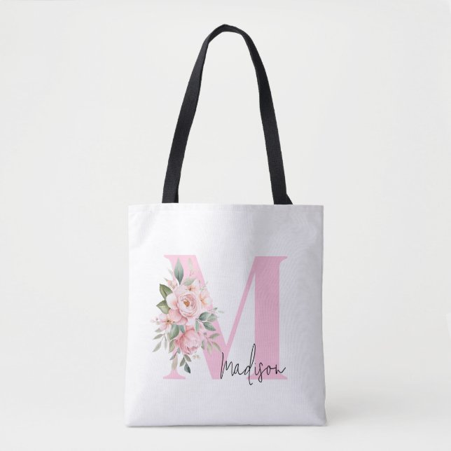 Modern Elegant Initial Name Pink Floral Monogram Tote Bag (Front)