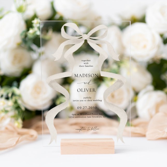 Modern Elegant Ivory Beige Bow Ribbon Wedding Acrylic Invitations (Creator Uploaded)