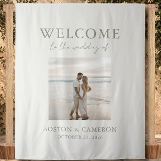 Modern Elegant Ivory Photo Wedding Welcome Sign Tapestry