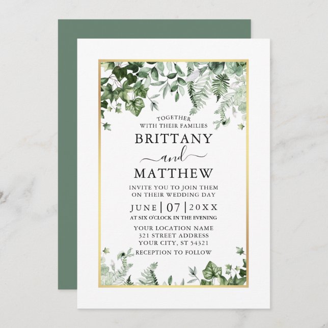 Modern Elegant Ivy Ferns Sage Green Gold Wedding Invitation (Front/Back)