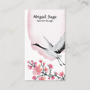Modern Elegant Japanese Crane and Cherry Blossom Business Card