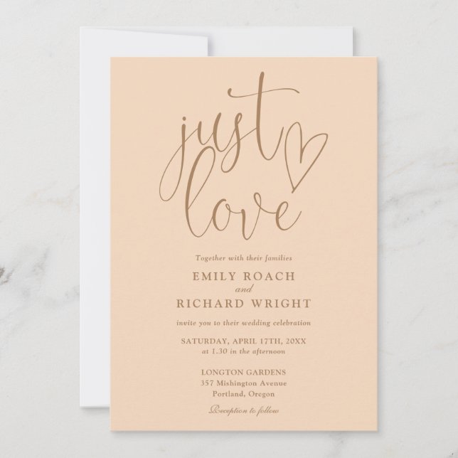 Modern Elegant Just Love Script Soft Peach Wedding Invitation (Front)