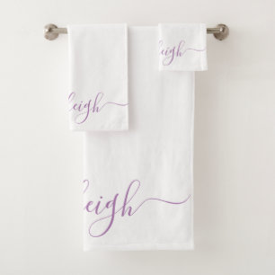 Modern Elegant Lavender Script Name White Bath Towel Set