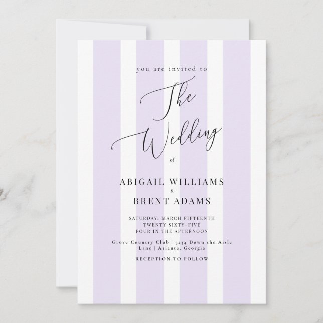 Modern & Elegant Lavender Stripe Wedding II Invitation (Front)