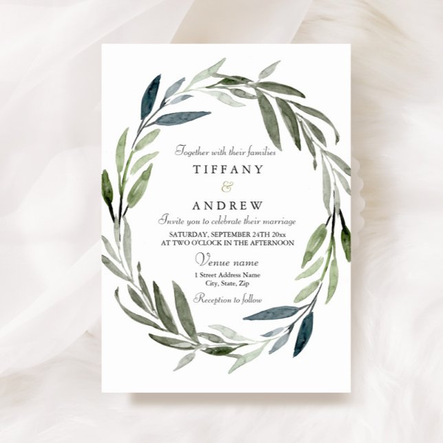 Modern Elegant Leaf Wreath Wedding Invitation (Creator Uploaded)