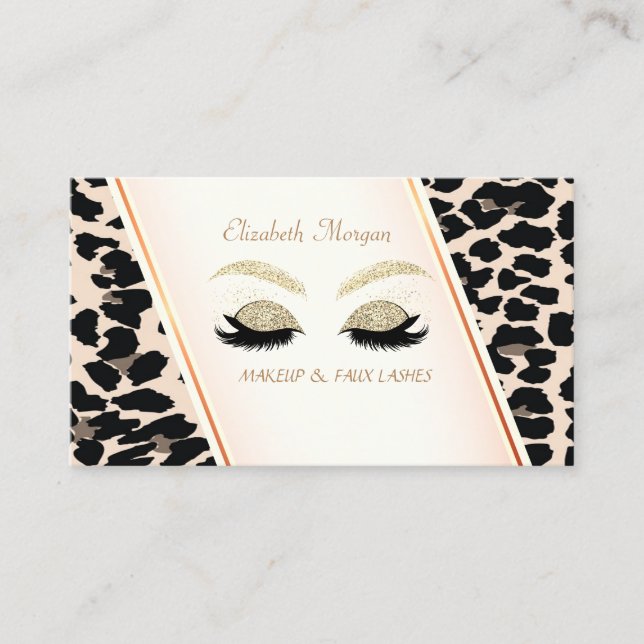 Modern Elegant,Leopard Print, Gold Glitter Lashes Business Card (Front)
