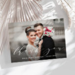 modern elegant lettering wedding thank you<br><div class="desc">A modern wedding photo card with a wonderful photo and elegant white script.  Add a personal thank you message and you can upload your own wedding photo.</div>