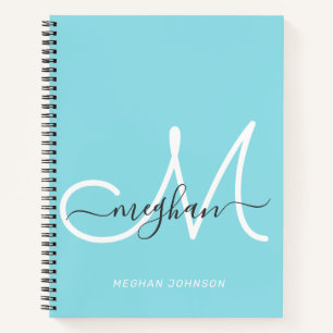 Modern Elegant Light Blue White Script Monogram Notebook