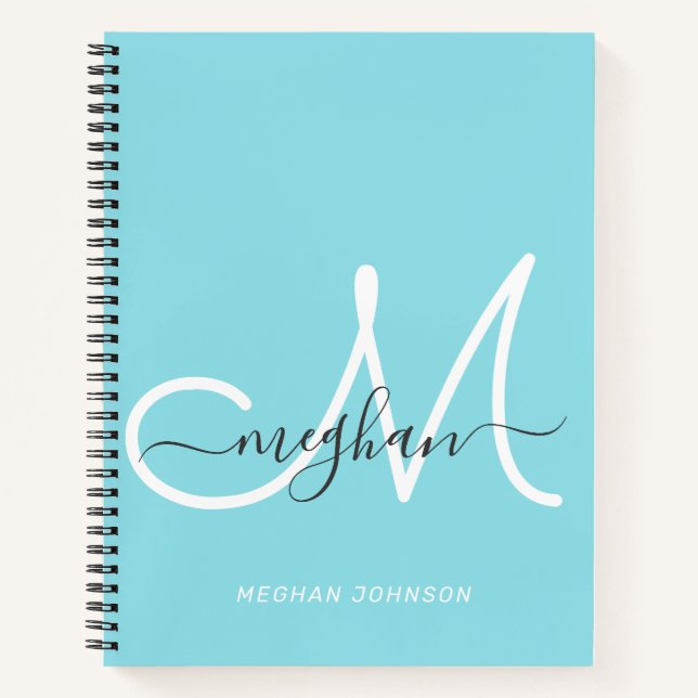 Modern Elegant Light Blue White Script Monogram Notebook (Front)