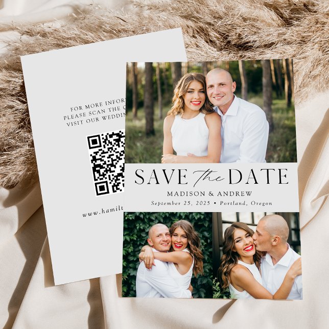 Modern Elegant Light Gray 3 Photo QR Code Save The Date (Creator Uploaded)