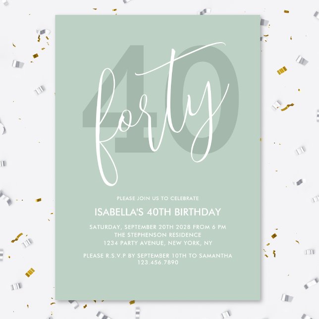 Modern Elegant Light Green White Script 40th Invitation (Creator Uploaded)