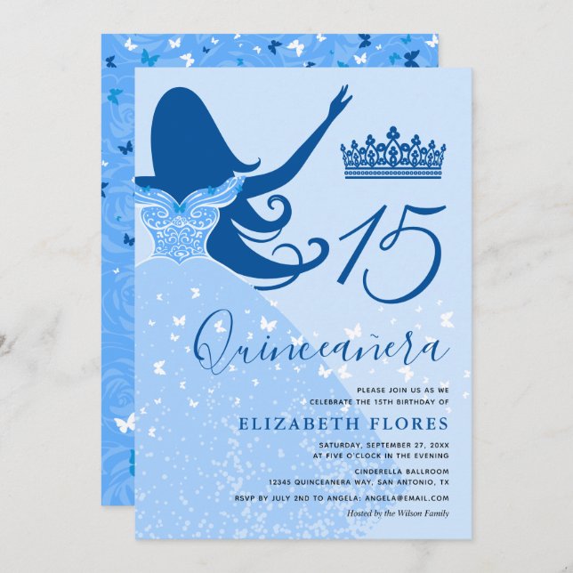 Modern Elegant Light Royal Blue Quinceanera Invitation (Front/Back)