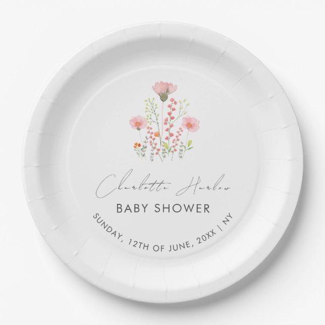 Modern Elegant Little Wildflowers Baby Shower Paper Plate (Front)