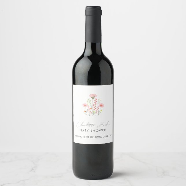 Modern Elegant Little Wildflowers Baby Shower Wine Label (Front)