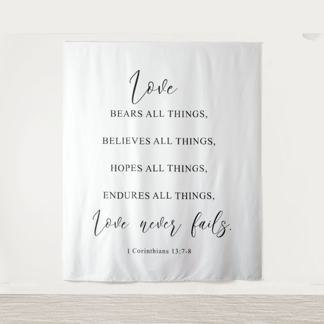 Modern Elegant “Love Never Fails” Wedding Backdrop Tapestry (Front)