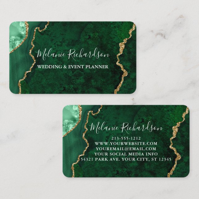 Modern Elegant Marble Agate Geode Gold Green Business Card (Front/Back)