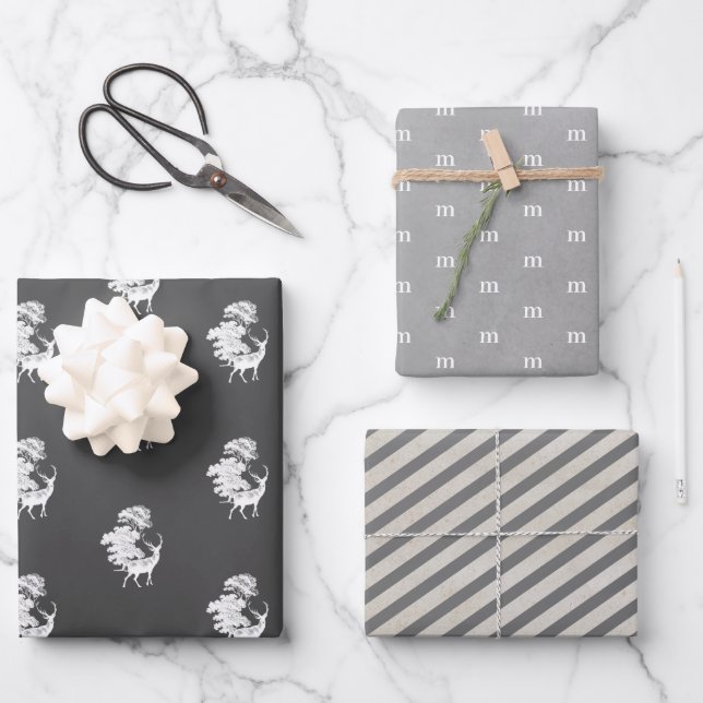Modern Elegant Masculine Grey Monogram Wrapping Paper Sheet (Front)