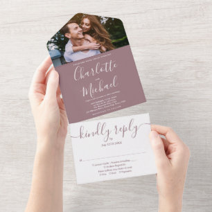 Modern Elegant Mauve Script Photo Wedding All All In One Invitation