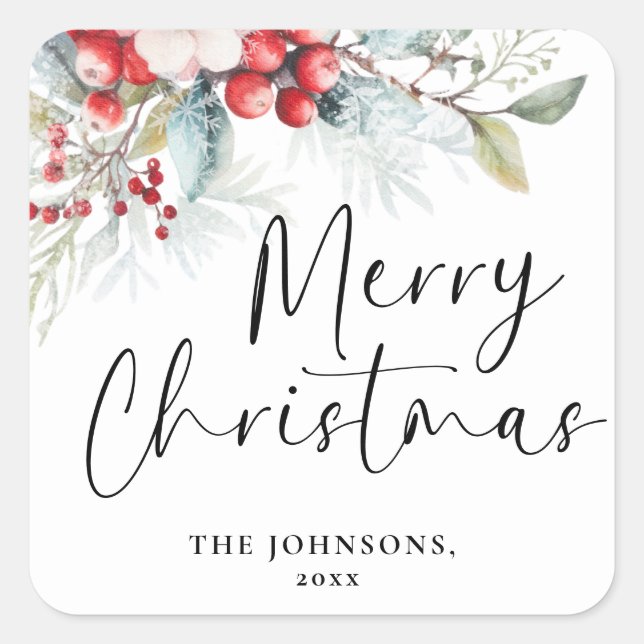 Modern Elegant Merry Christmas Calligraphy Script Square Sticker (Front)