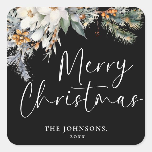 Modern Elegant Merry Christmas Custom Botanical Square Sticker (Front)