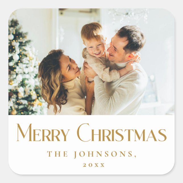 Modern Elegant Merry Christmas Custom Gold Square Sticker (Front)