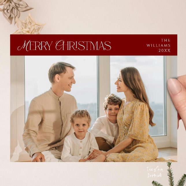 Modern Elegant, Merry Christmas Family Photo Postcard (Modern Elegant, Merry Christmas Family Photo Postcard in Burgundy Wine Deep Red Theme)