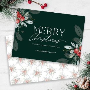 Modern Elegant Merry Christmas Greenery Flat Holiday Card