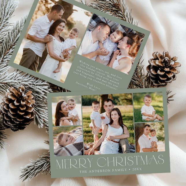 Modern Elegant Merry Christmas Sage Photo Collage Holiday Card (Creator Uploaded)