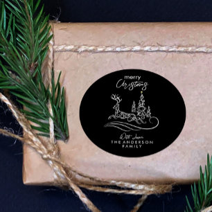 Modern Elegant Merry Christmas Tree and Reindeer Classic Round Sticker