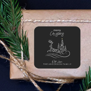 Modern Elegant Merry Christmas Tree and Reindeer Square Sticker