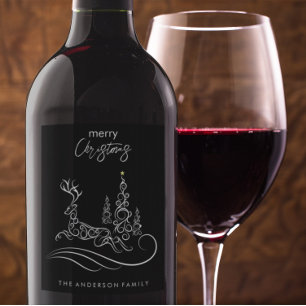 Modern Elegant Merry Christmas Tree and Reindeer Wine Label